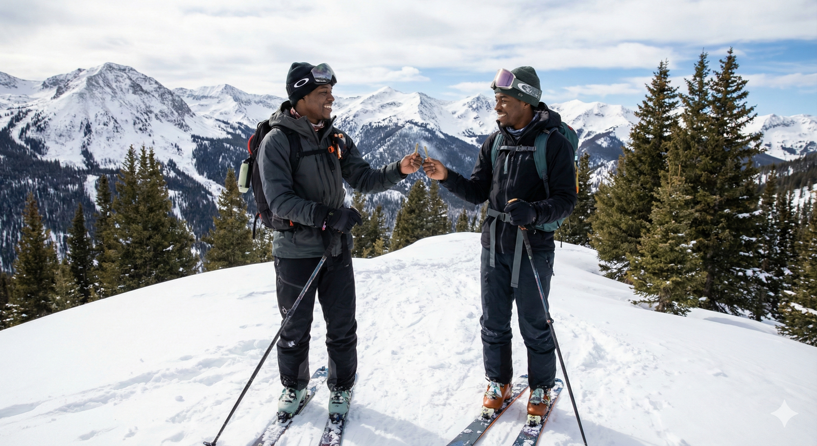 2 men getting high passing a joint skiing in the colorado back country