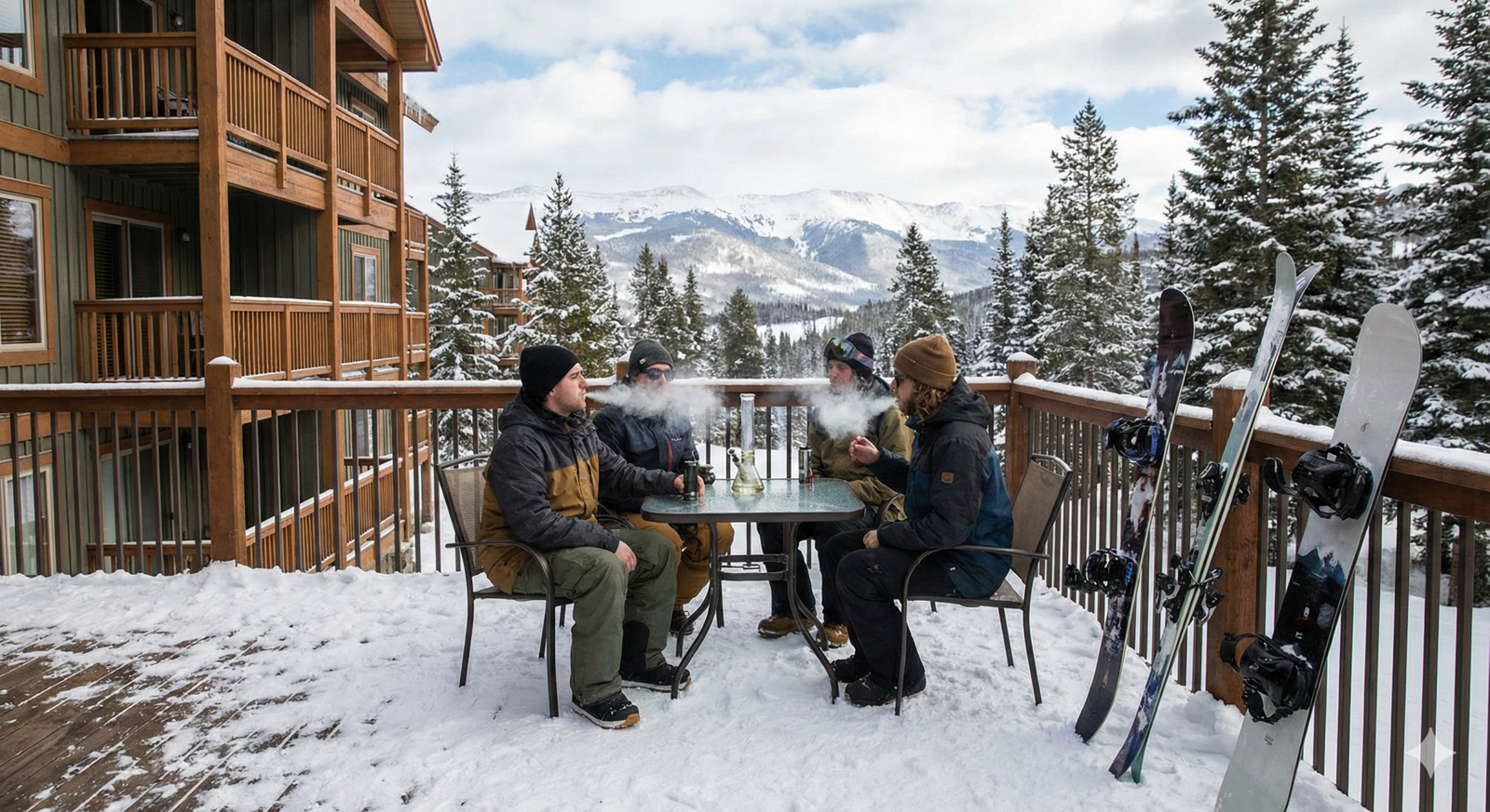 snow boarders smoking cannabis with a bong on a balcony in a condo in aspen