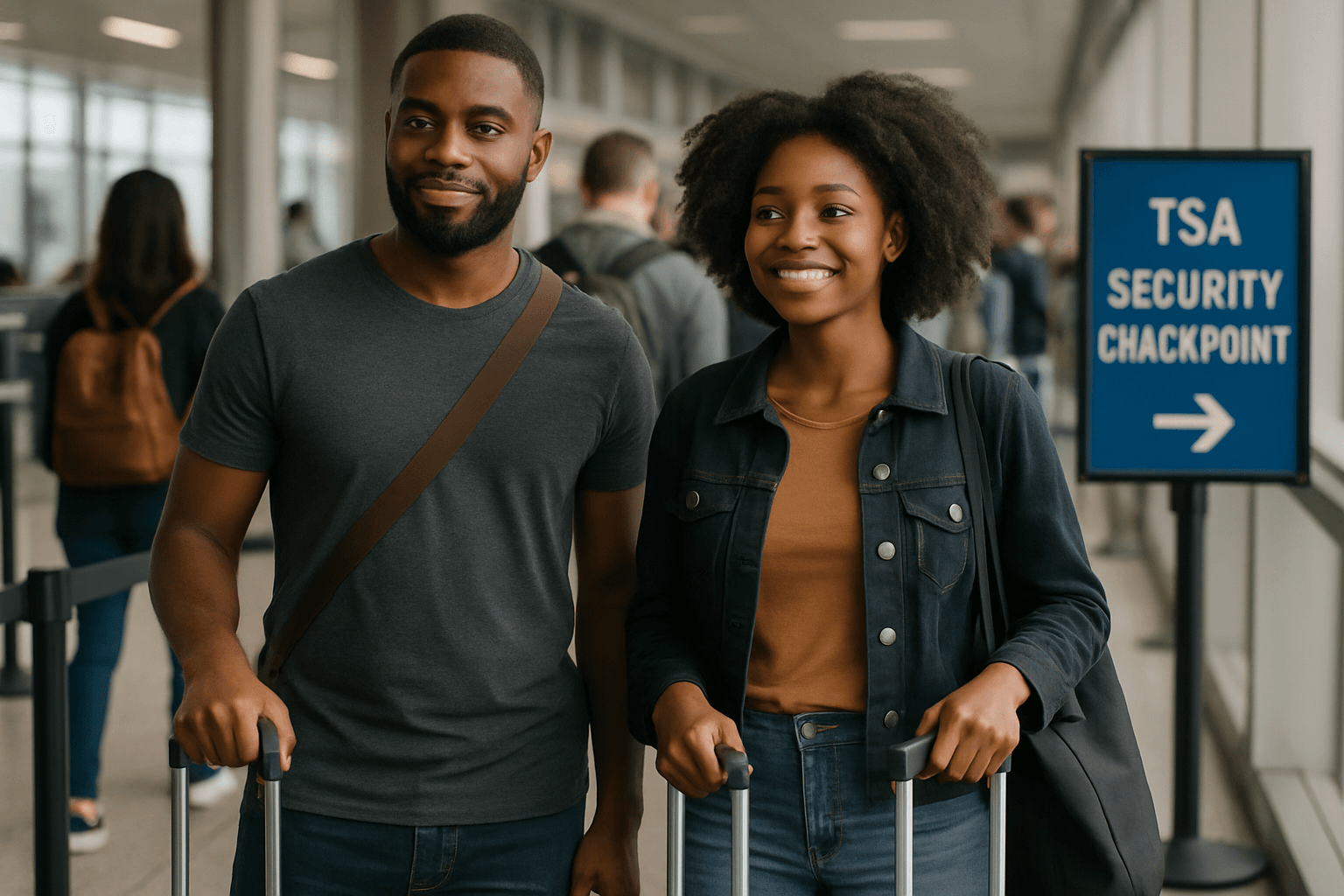 couple in airport TSA line