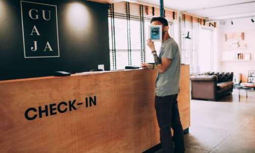 man checking in to las vegas hotel