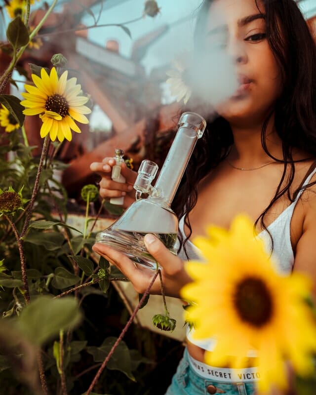 best bongs woman smoking a bong in a field of flowers 