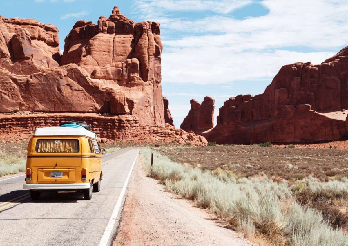 V W van on road in desert