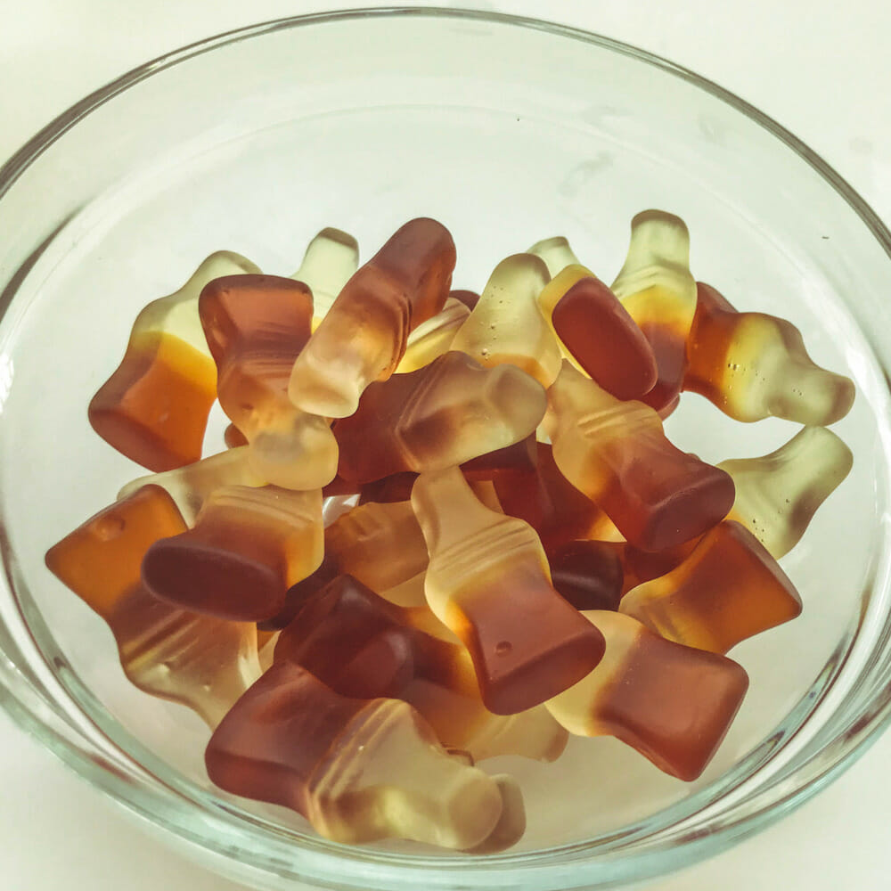thc cola gummies in a glass bowl