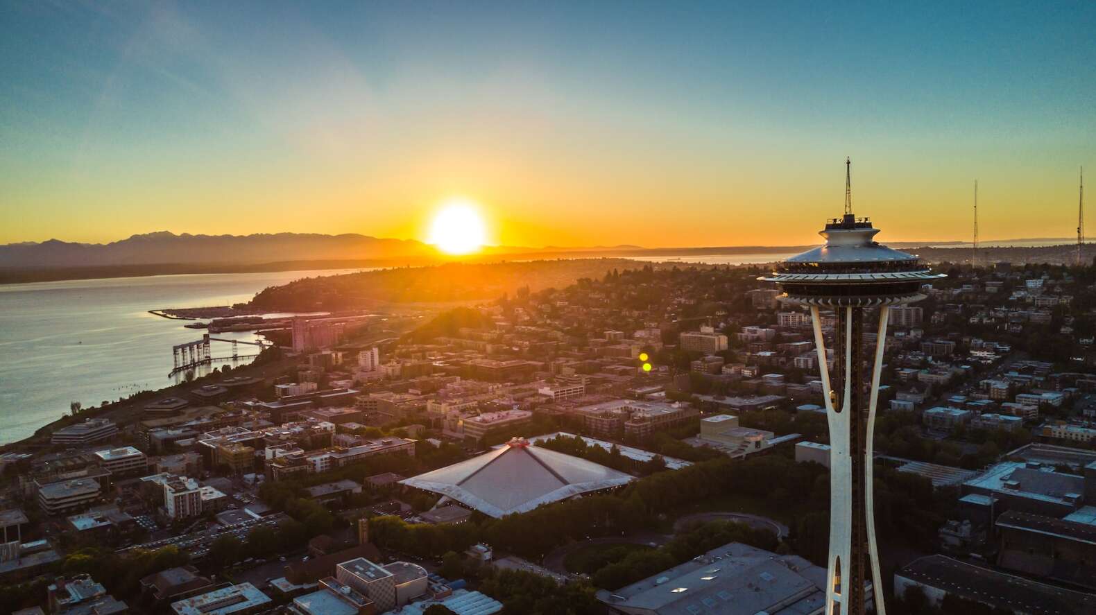 seattle space needle from above drone shot