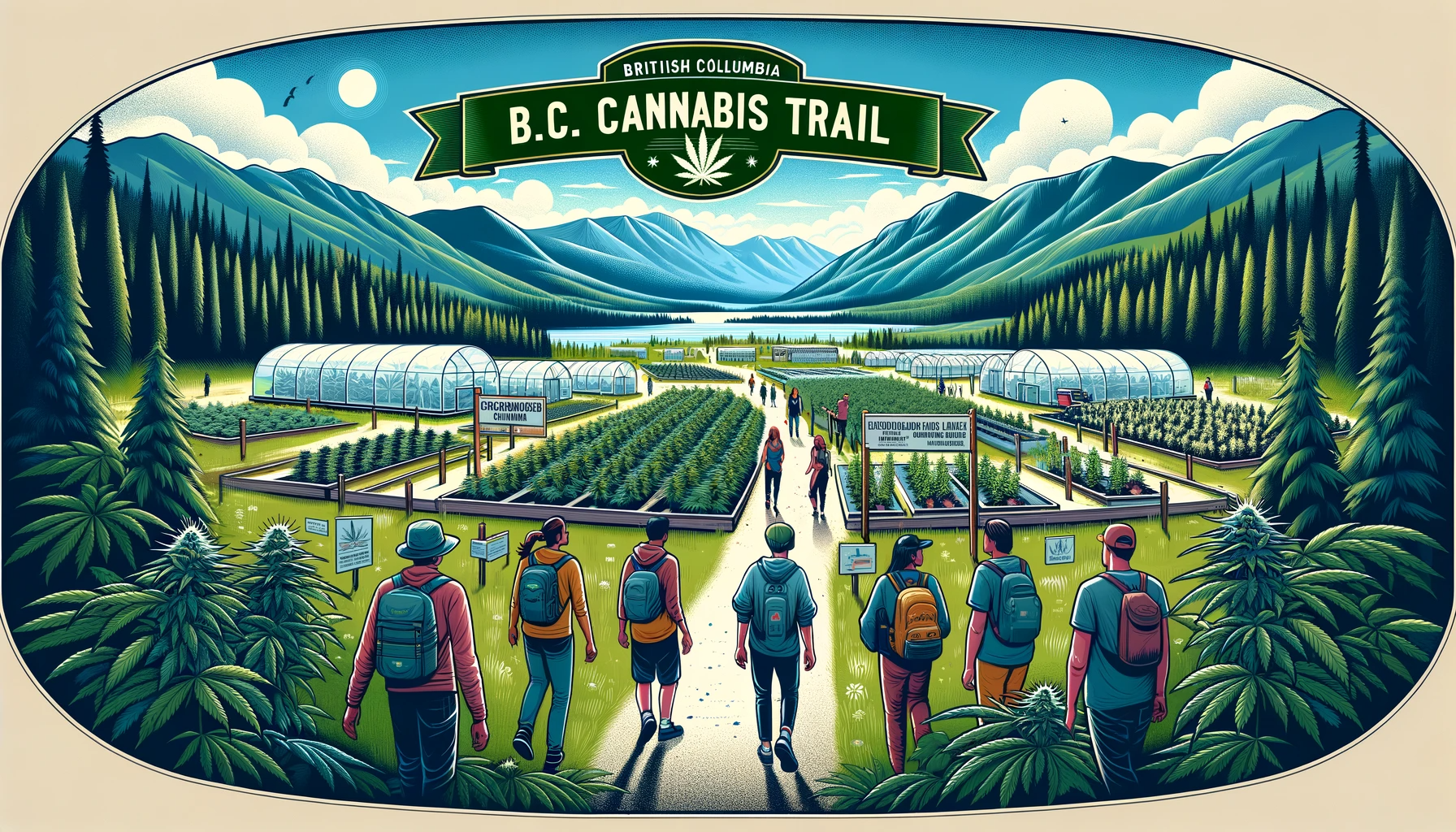 Wide panoramic illustration showcasing the B.C. Cannabis Trail in British Columbia, Canada. The image features a scenic view of the Kootenays and Cowi