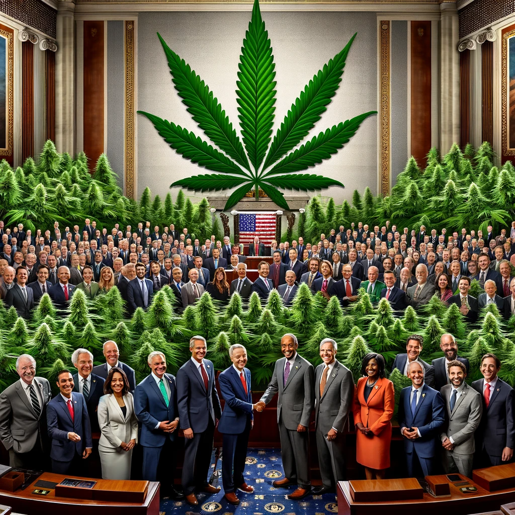 A symbolic representation of nationwide cannabis legalization through bipartisan efforts.