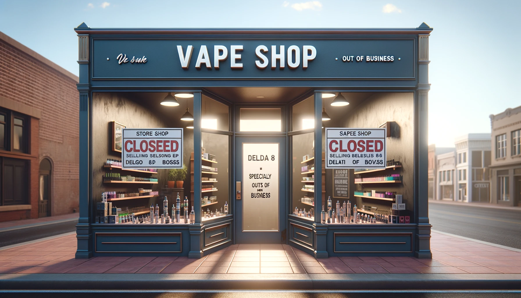 vape shop storefront with 'Closed - Out of Business'