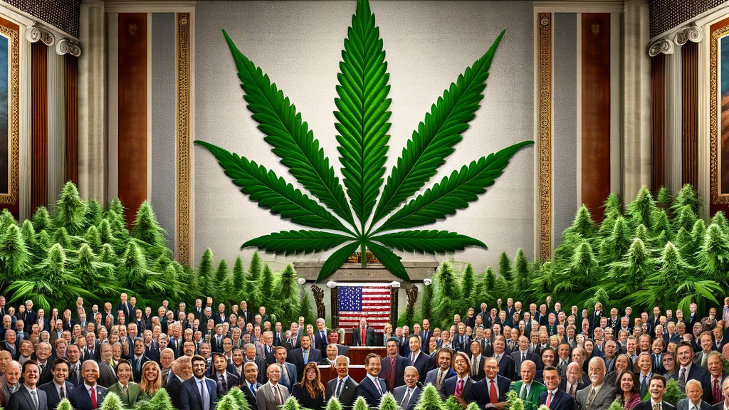A symbolic representation of nationwide cannabis legalization through bipartisan efforts.