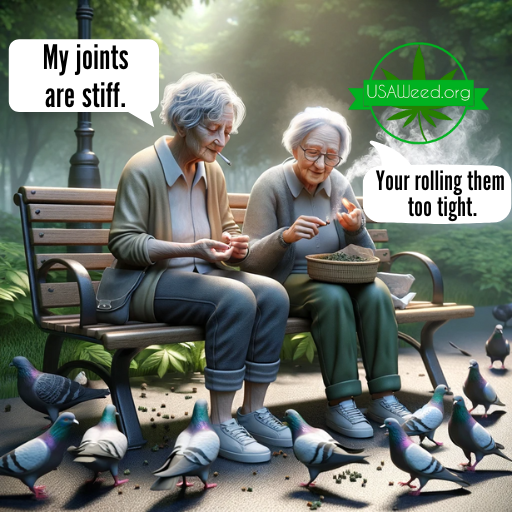 two elderly ladies on a bench smoking cannabis