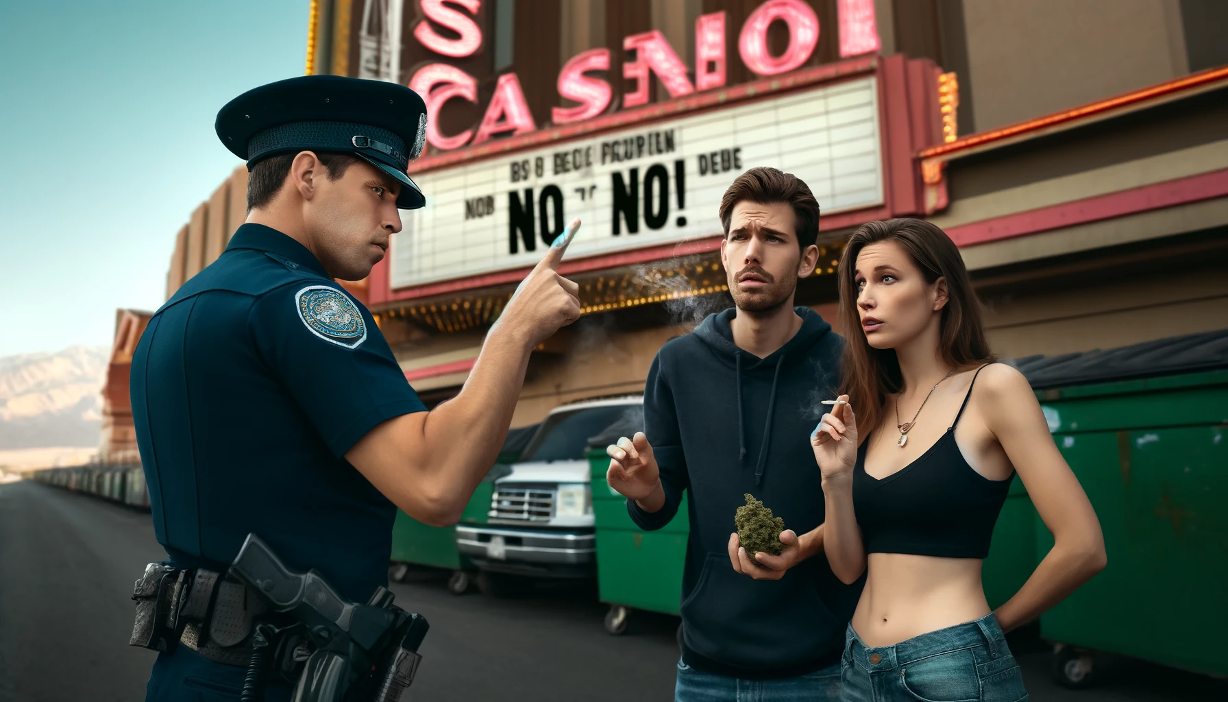  image of a police officer wagging his finger and saying 'No!' at a young couple smoking weed behind a casino in Las Vegas