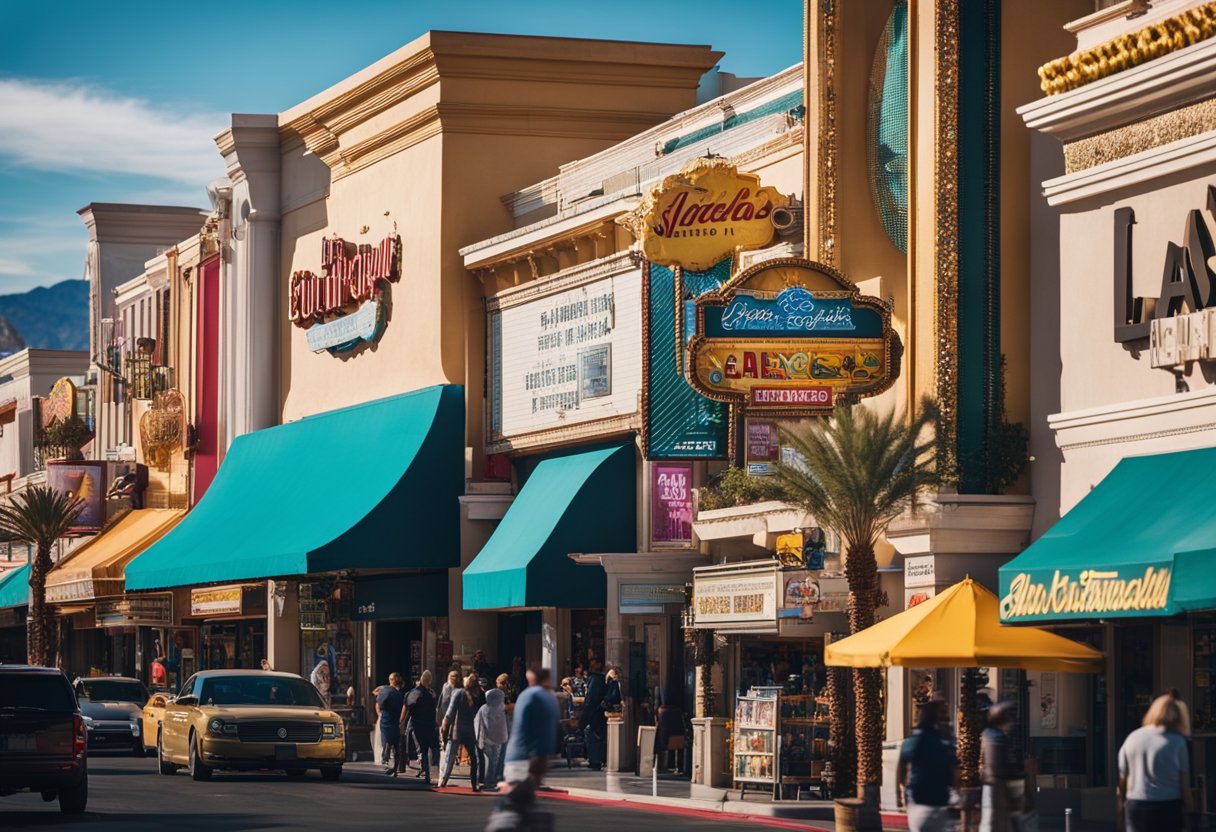 A bustling Las Vegas street with three vibrant storefronts, each adorned with colorful signage and inviting storefront displays. Customers come and go, some lingering to admire the products on offer