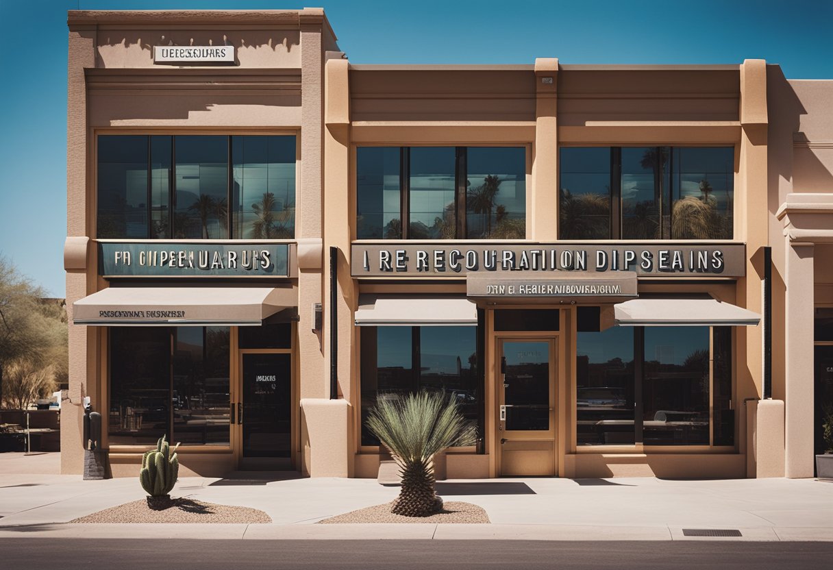 A sunny desert landscape with five modern storefronts labeled as the top recreational dispensaries in Phoenix