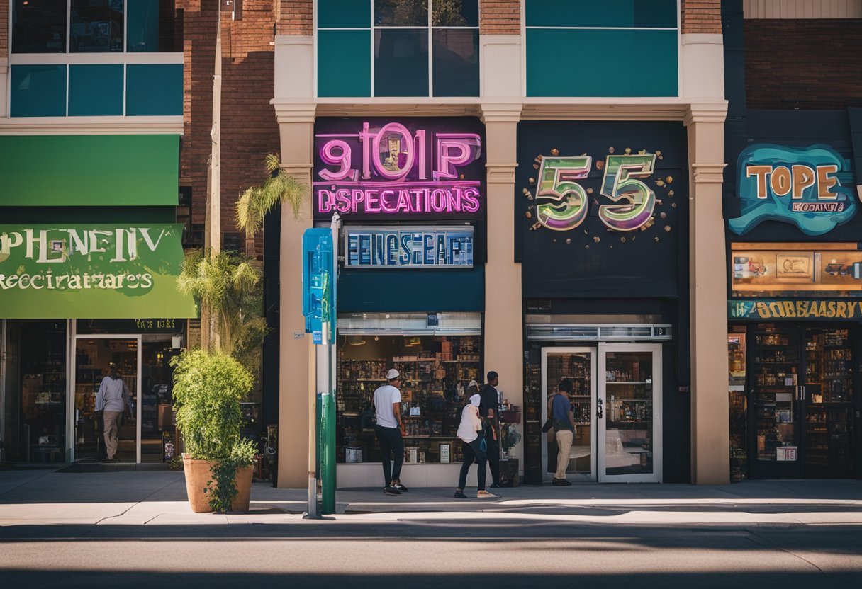 A bustling city street with colorful storefronts and signs advertising the top 5 Phoenix recreational dispensaries. Customers coming in and out, with a lively atmosphere