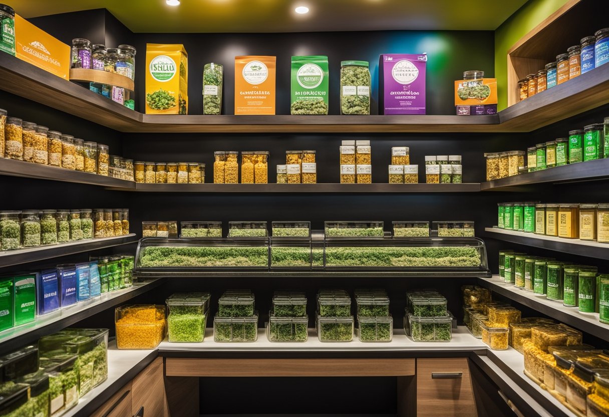 A vibrant display of various cannabis products at a recreational dispensary in Las Vegas. Shelves lined with edibles, concentrates, and pre-rolled joints