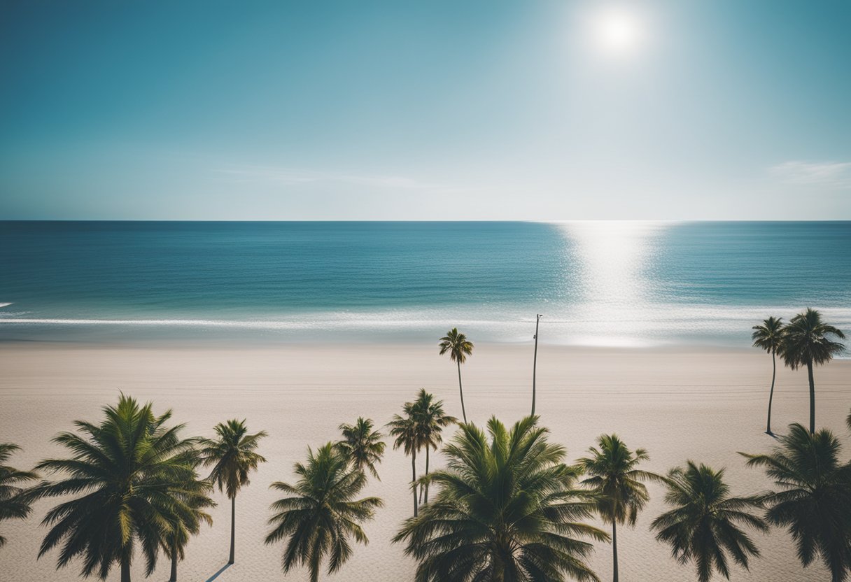 A sunny beach with palm trees and a clear blue sky, with a subtle hint of cannabis plants in the background