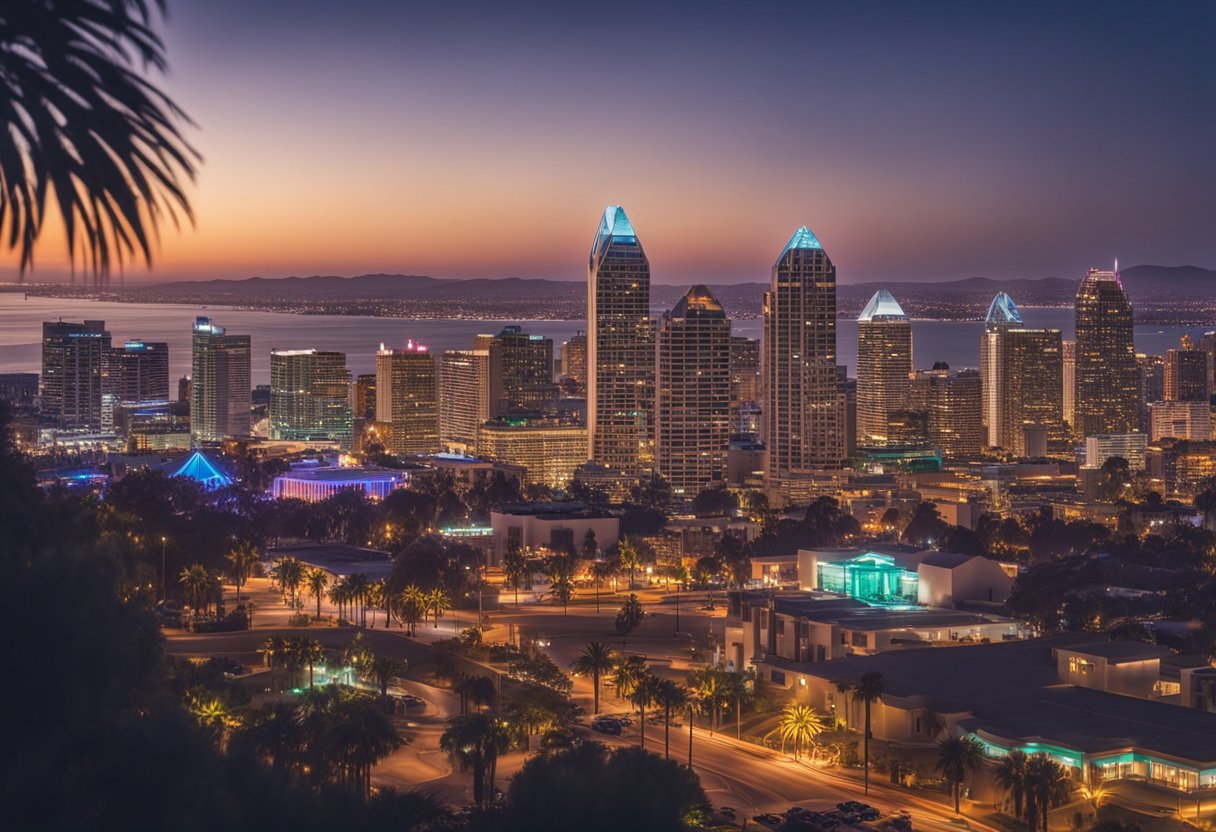 A vibrant San Diego skyline with cannabis-friendly events and activities highlighted at iconic locations