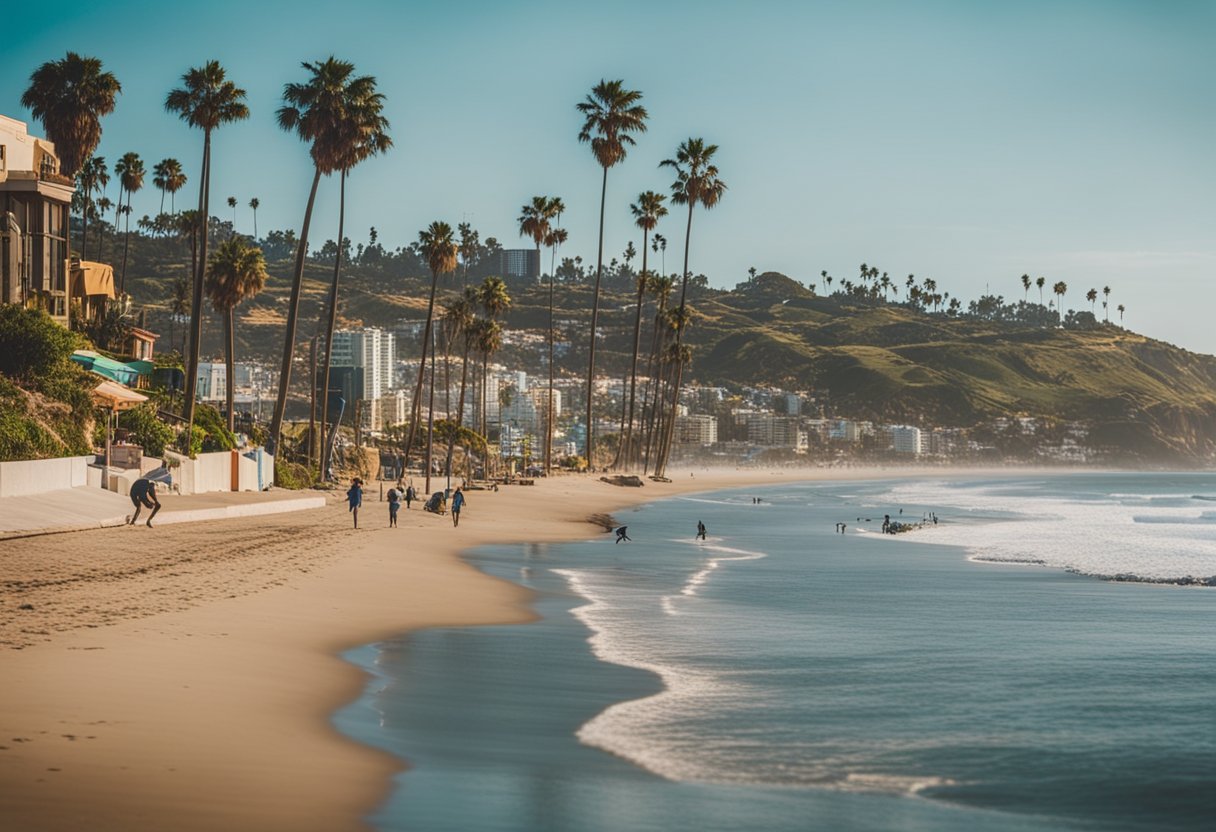 A sunny beach with palm trees, surfers, and a colorful cannabis dispensary nestled among beachfront shops and cafes