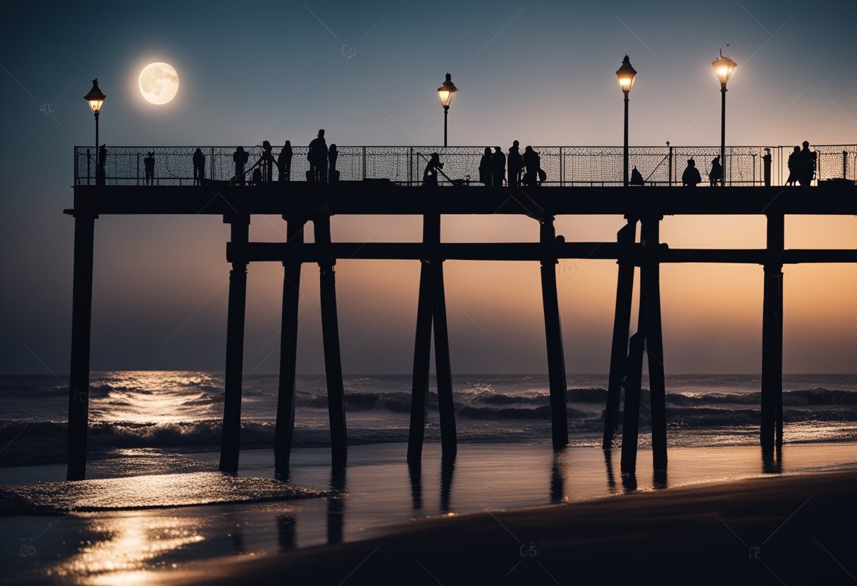 A moonlit pier with silhouetted figures, a glow from the streetlights, and the sound of crashing waves