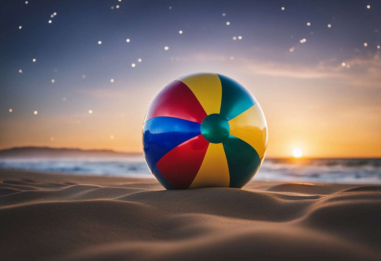 A colorful beach ball sits on the sandy shore of Newport Beach, CA, surrounded by the gentle waves and a starry night sky