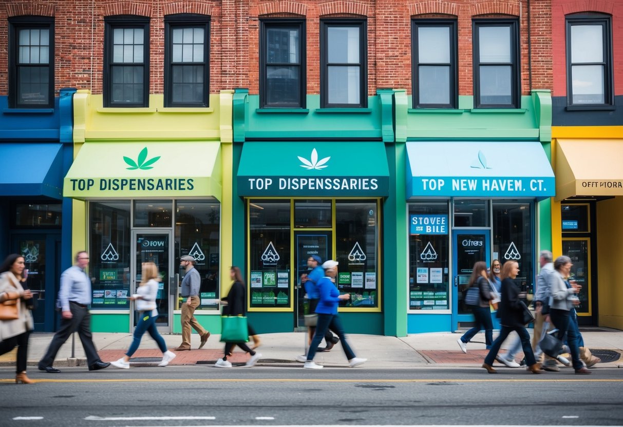 A bustling city street with three colorful, modern storefronts labeled as the top dispensaries in New Haven, CT. Customers come and go, and a sense of excitement and activity fills the air