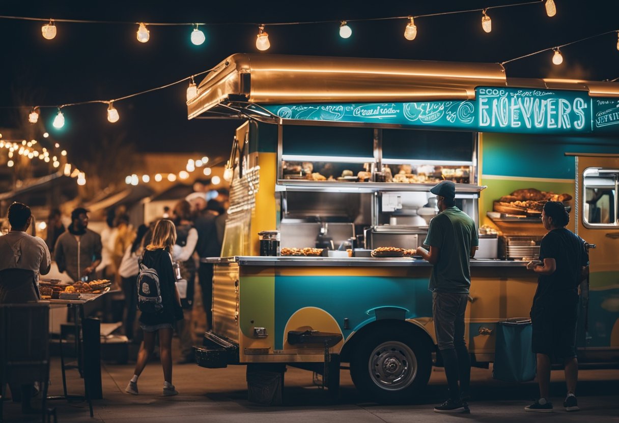 A bustling food truck park in Denver, with colorful trucks serving up a variety of delicious munchies and culinary delights. Smoke from the grills fills the air as stoners gather to satisfy their late-night cravings