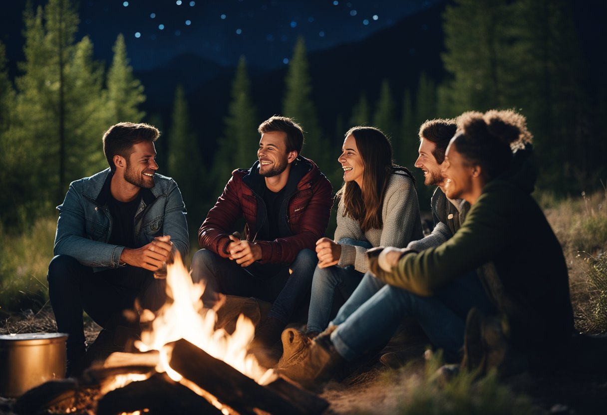 A group of friends sit around a cozy campfire, passing a joint and laughing under the starry night sky in the mountains outside Denver