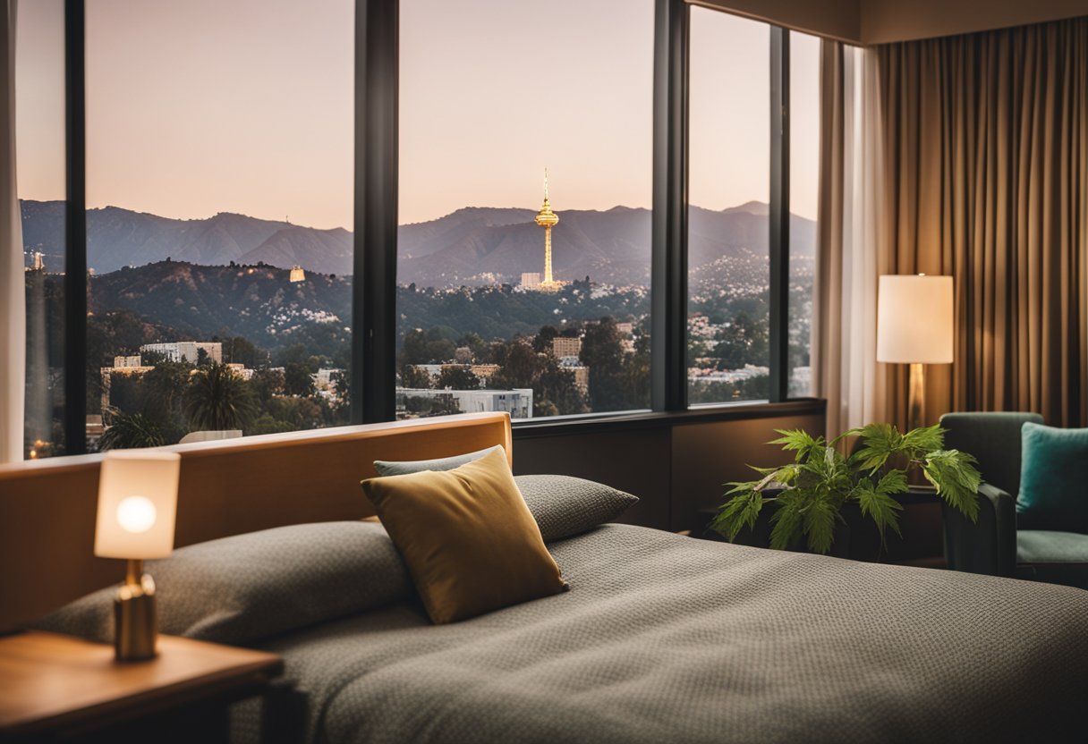 A cozy, modern hotel room with a view of the Hollywood sign, featuring cannabis-friendly amenities and decor