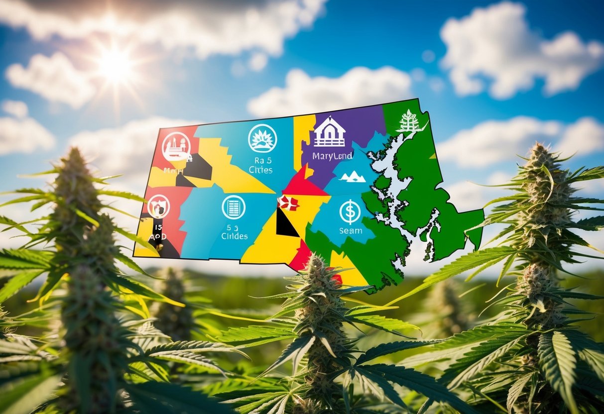 A colorful map of Maryland with icons representing the top 5 cities for a cannabis getaway, surrounded by vibrant cannabis plants and a sunny sky