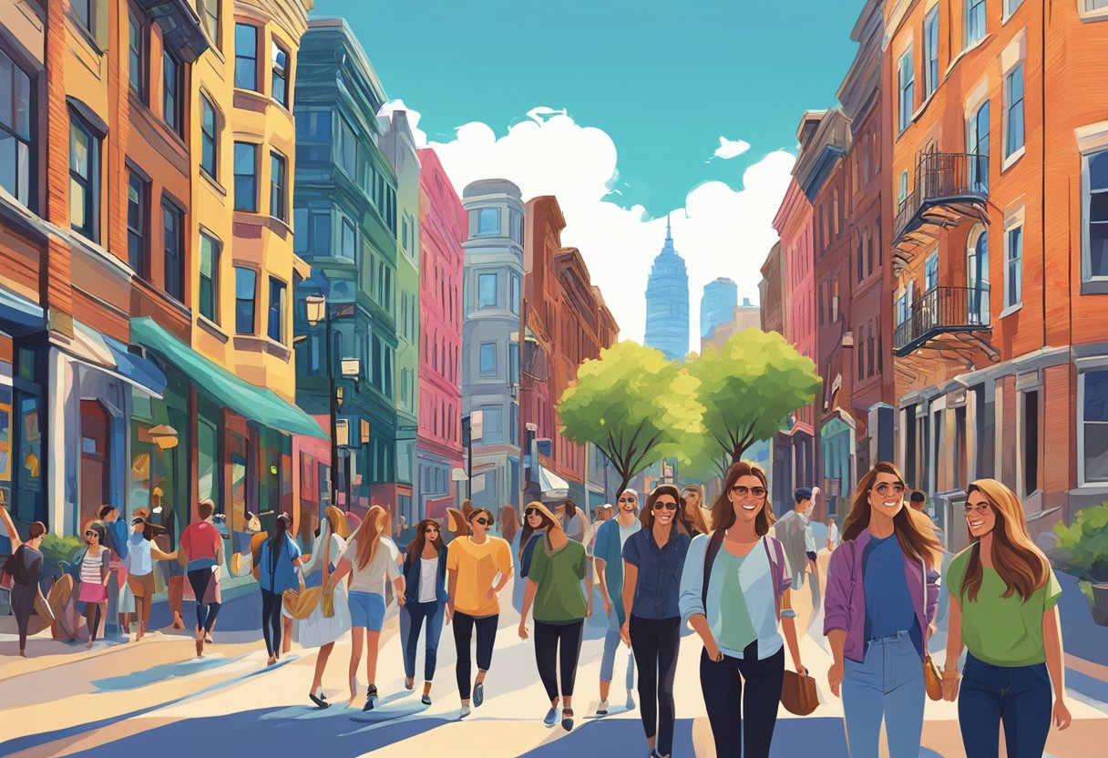 A group of friends stroll through the city streets, passing by colorful murals and vibrant nightlife venues in Boston