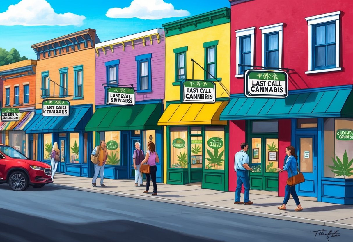 A small town street with colorful storefronts, "Last Call for Cannabis" signs, and a few customers entering the dispensaries