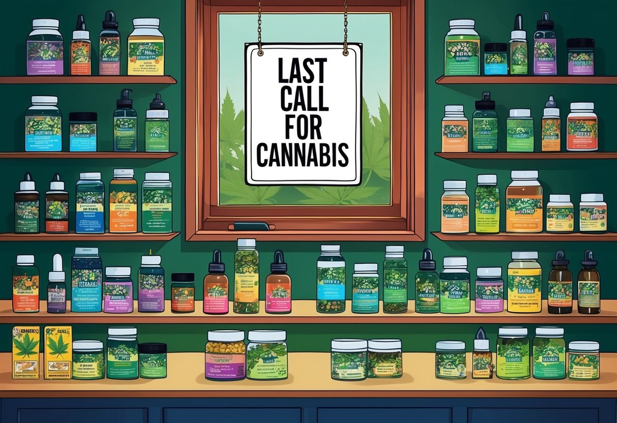 A colorful array of cannabis products lines the shelves of a small dispensary, with a "Last Call for Cannabis" sign in the window