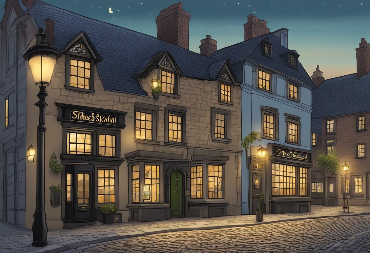 A cobblestone street lined with historic buildings, illuminated by streetlights, leading to a quaint pub with a sign reading "The Stoned Scholar."