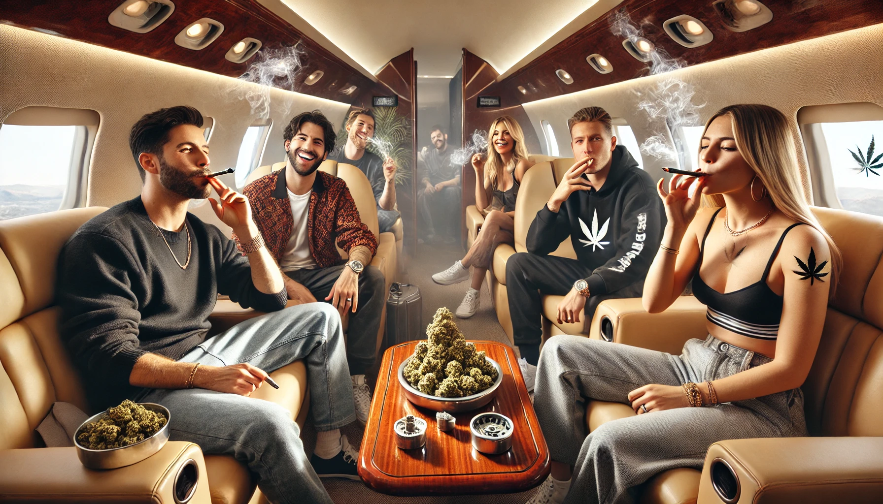 group of people smoking on a private jet, a i image