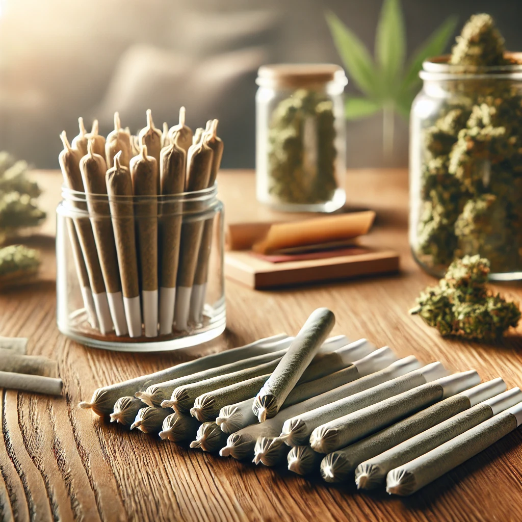 photograph of a variety of rolled cannabis joints neatly arranged on a wooden table. 