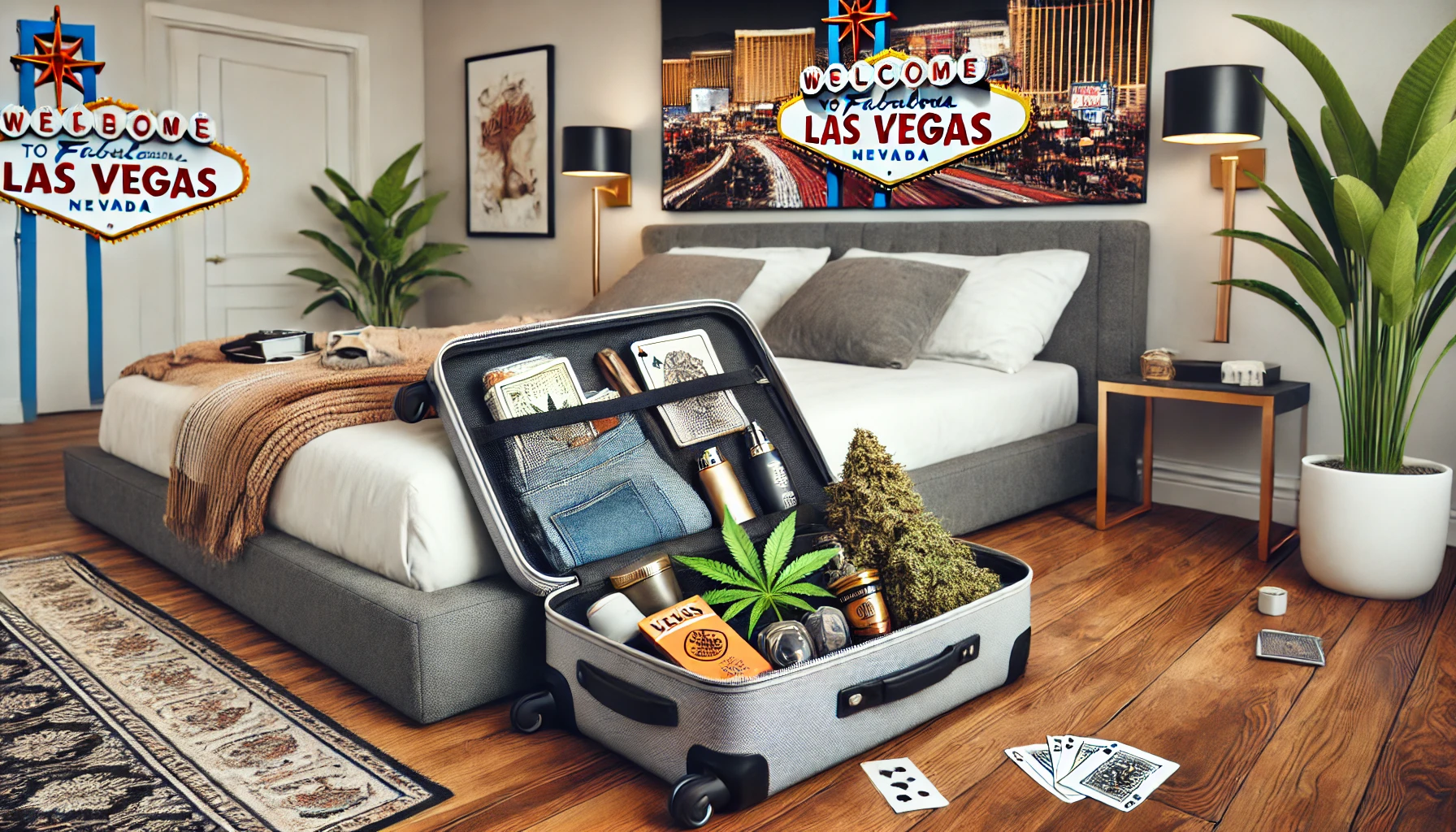 image of a cozy bed with a suitcase being packed for a trip to Las Vegas.