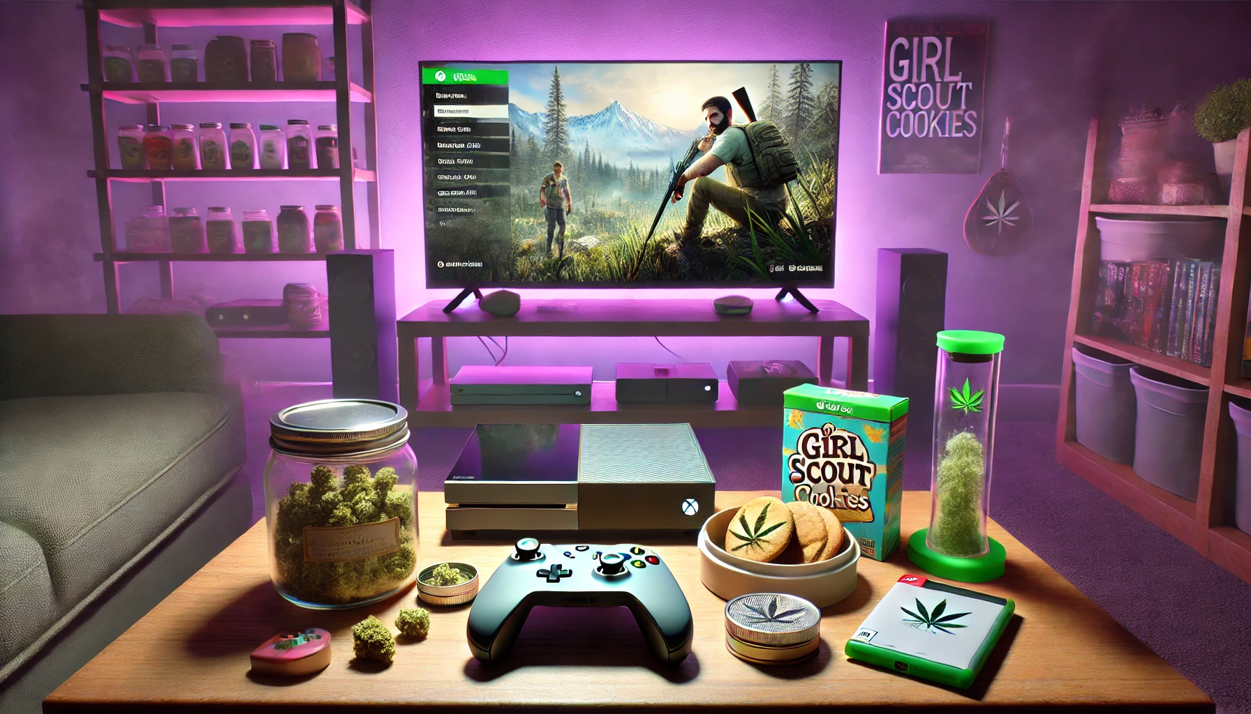 modern stoner gamer setup from the 2010s era, featuring an Xbox One and a Nintendo Switch, a large flat-screen TV with a paused open-world game