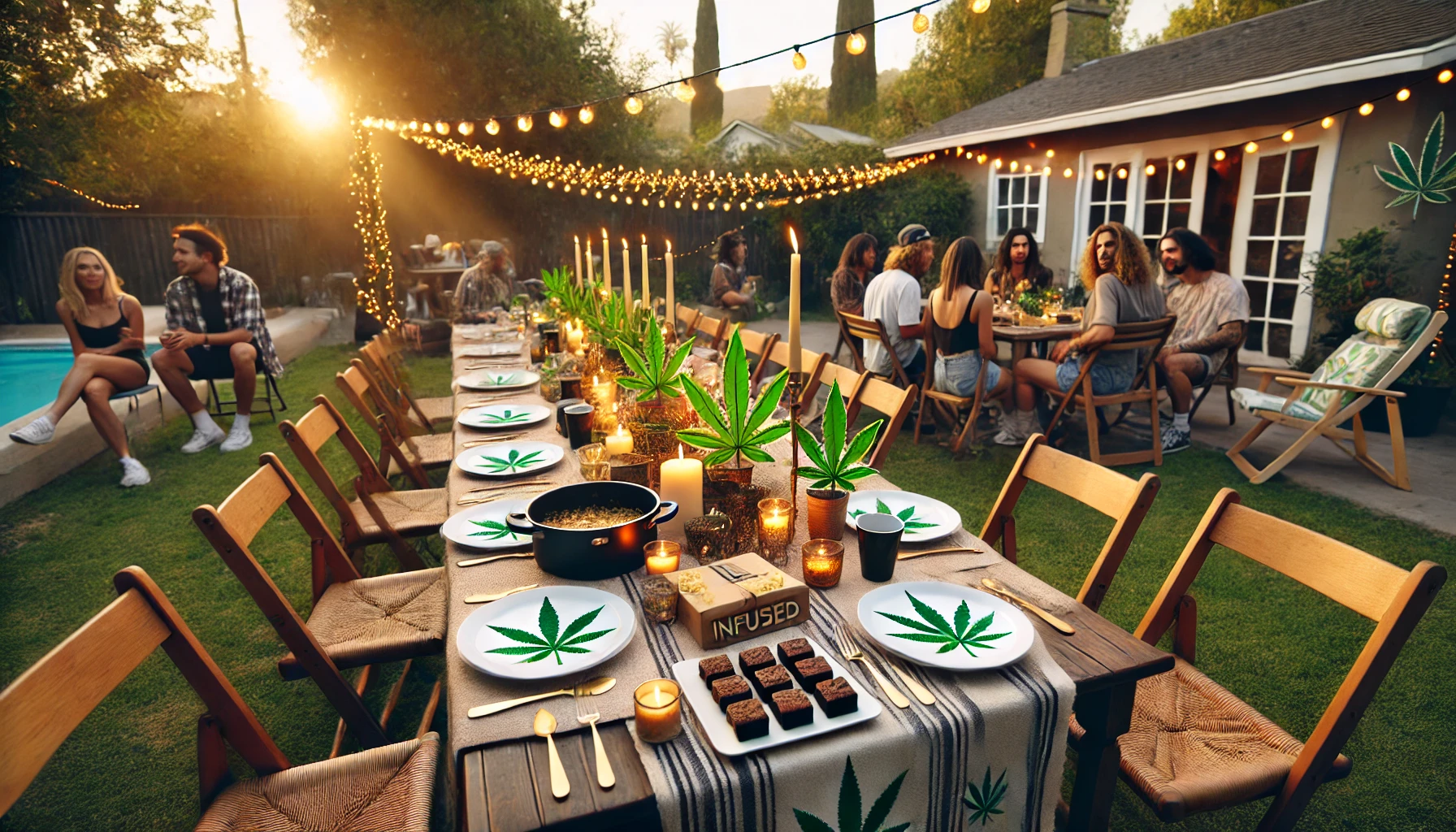 outdoor 420-themed dinner party setup in a backyard during golden hour.