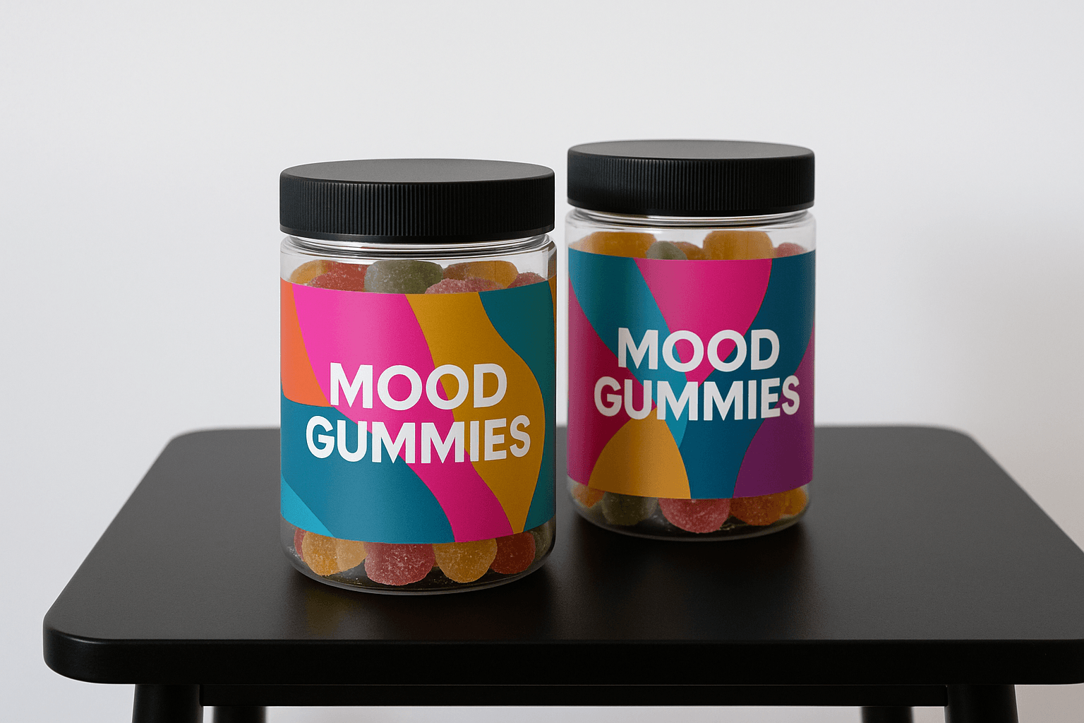 image 2 jars of mood gummies on a table