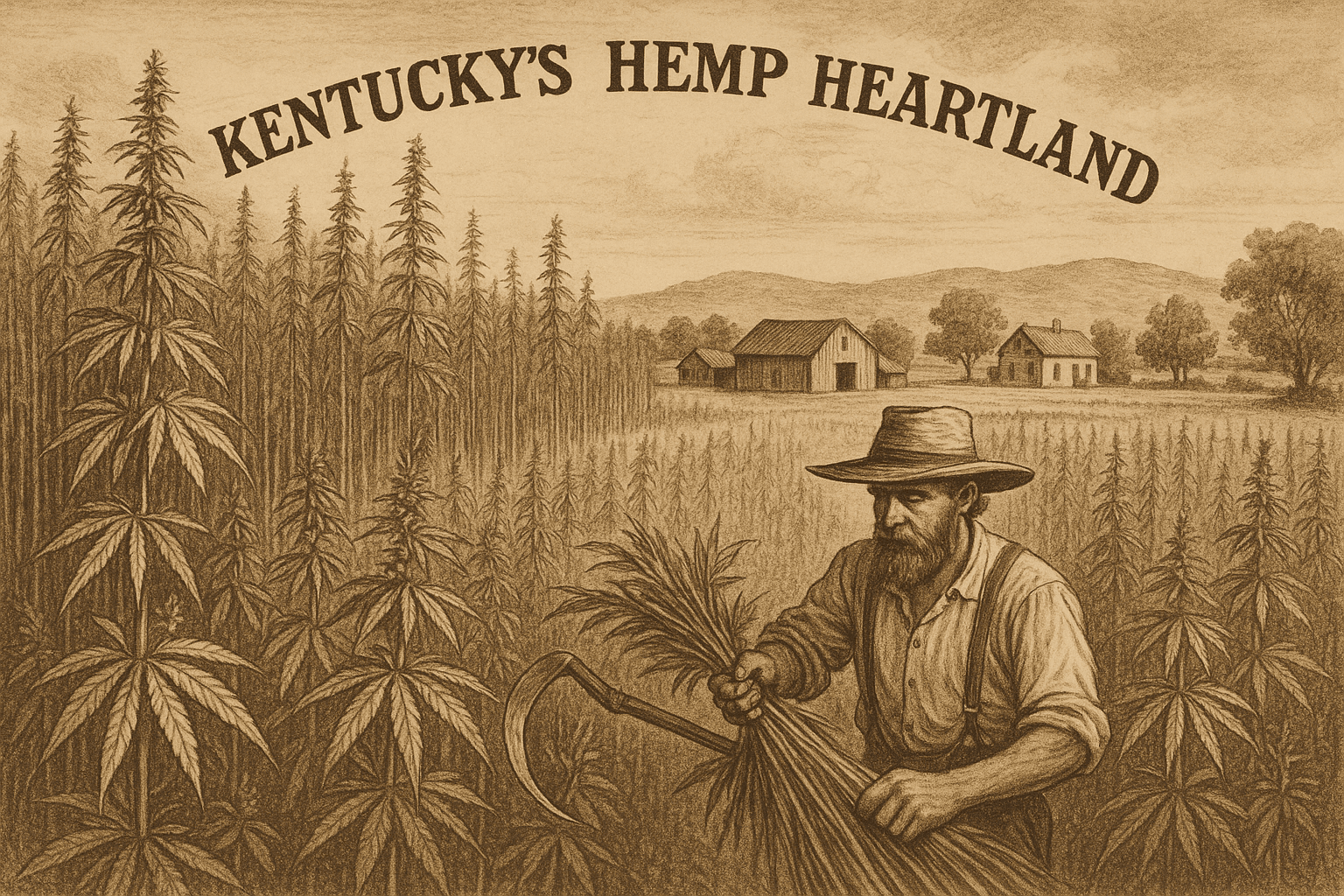 pencil image of Kentucky farmer harvesting hemp 1900s