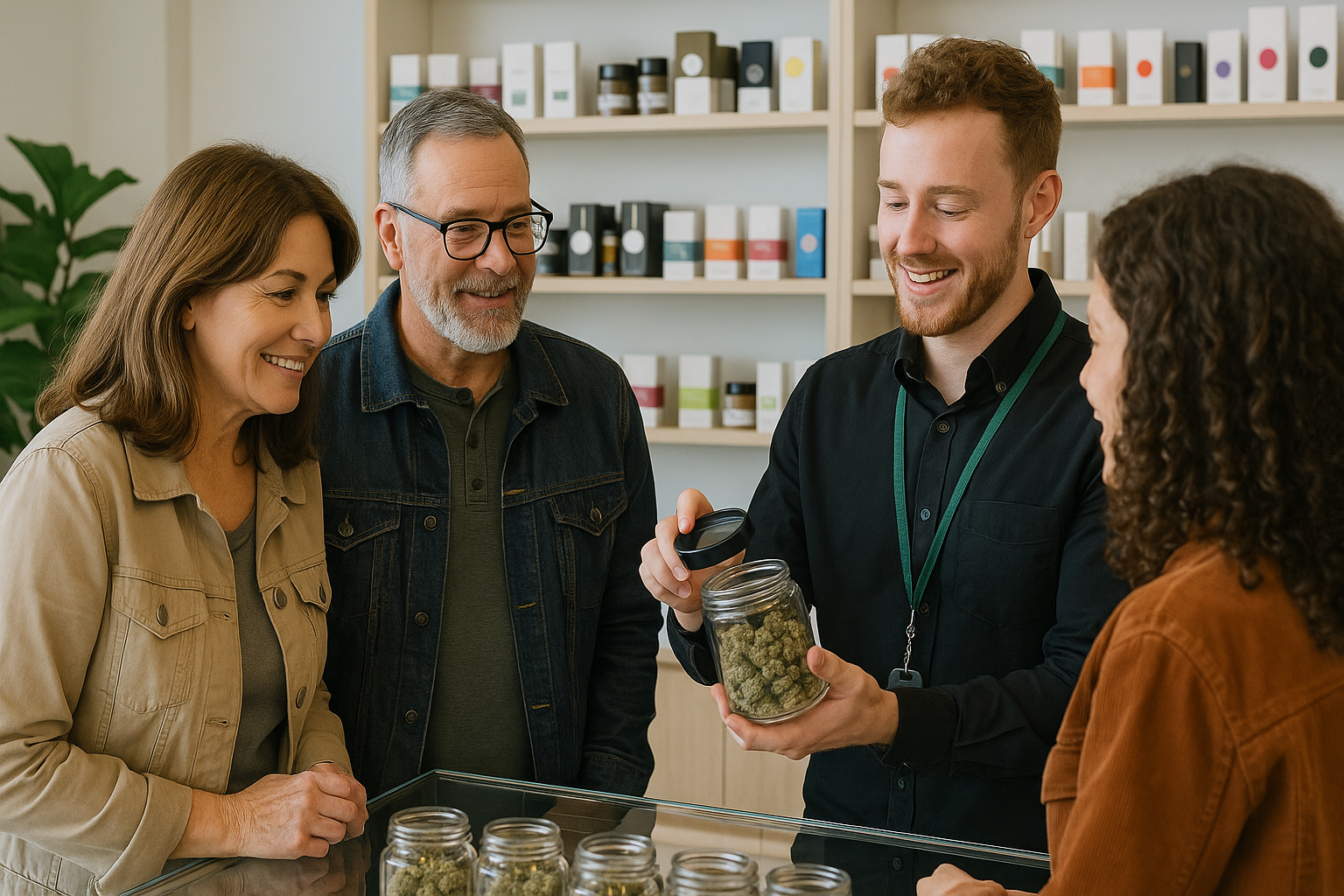 adults and a budtender looking at a jar of cannabis