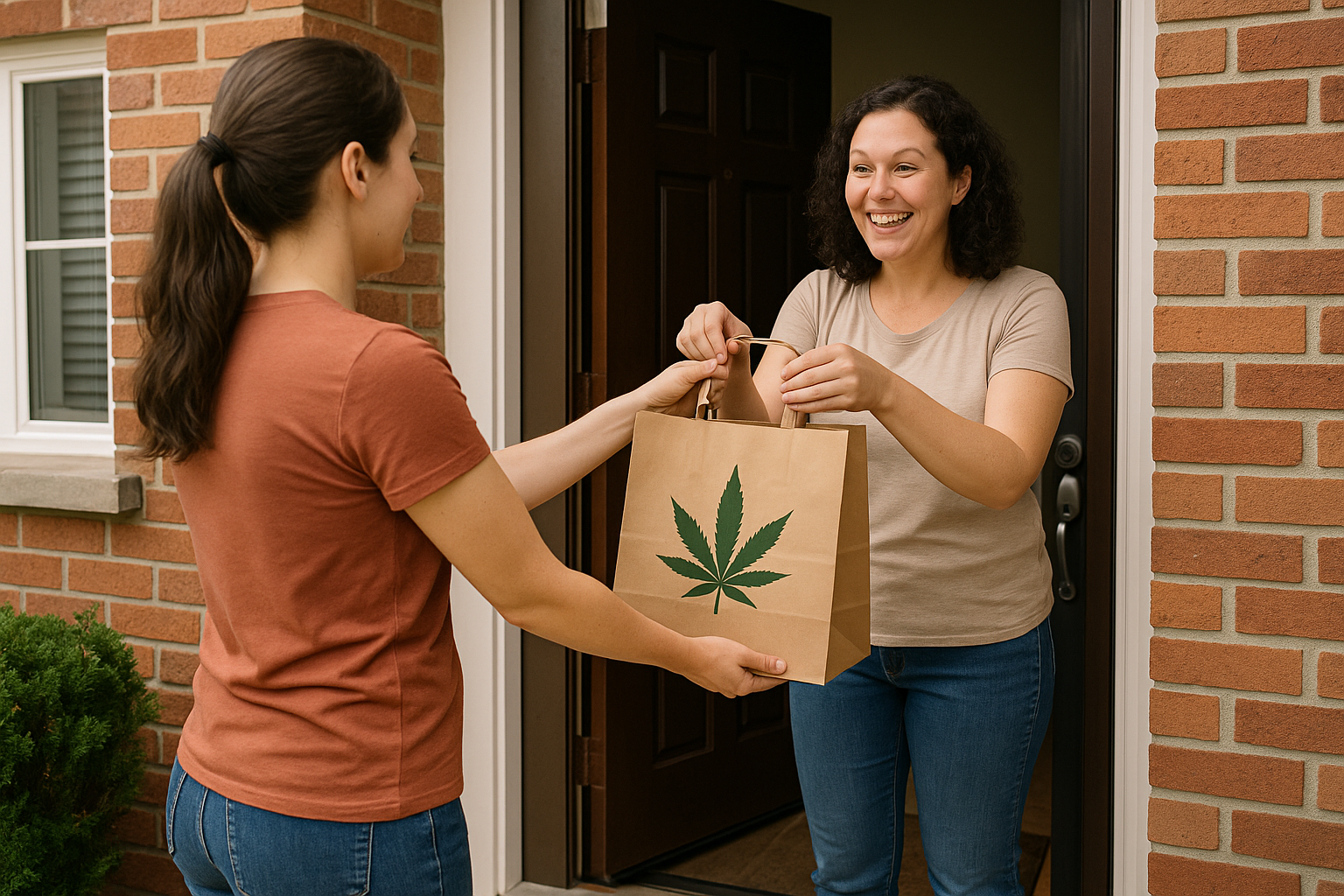 cannabis deliver person handing package to customer