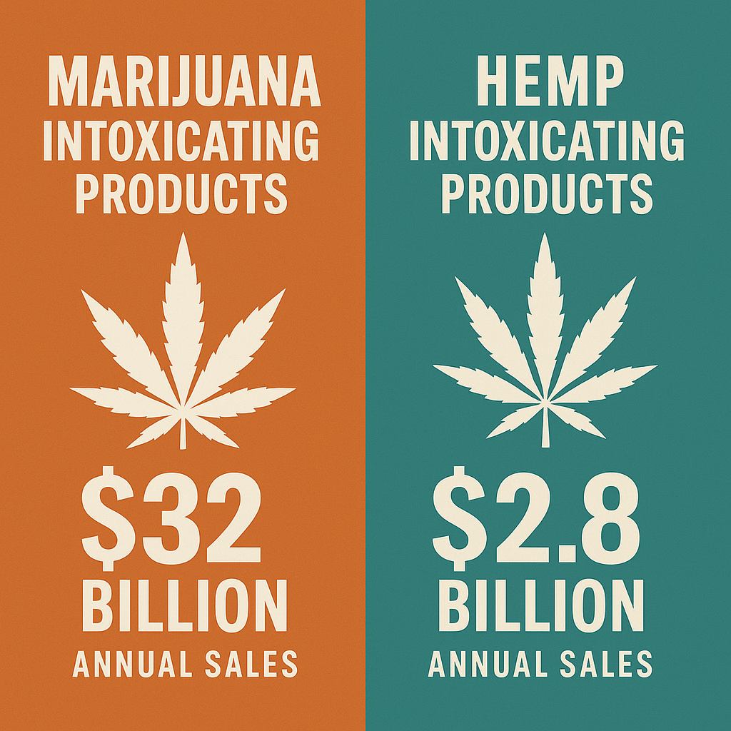 Marijuana 32 billion in sales vs. intoxicating Hemp 2.8 billion in sales graphic