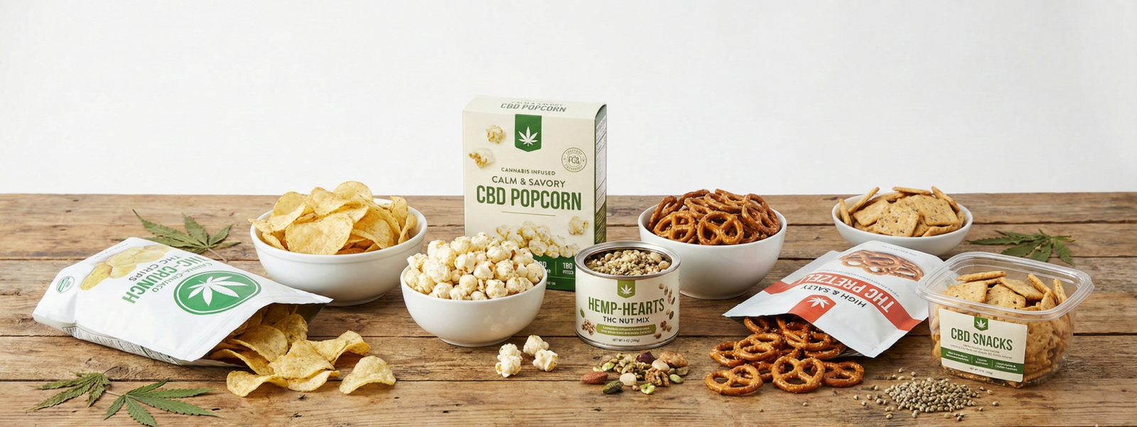 thc and cbd savory infused snacks on a table