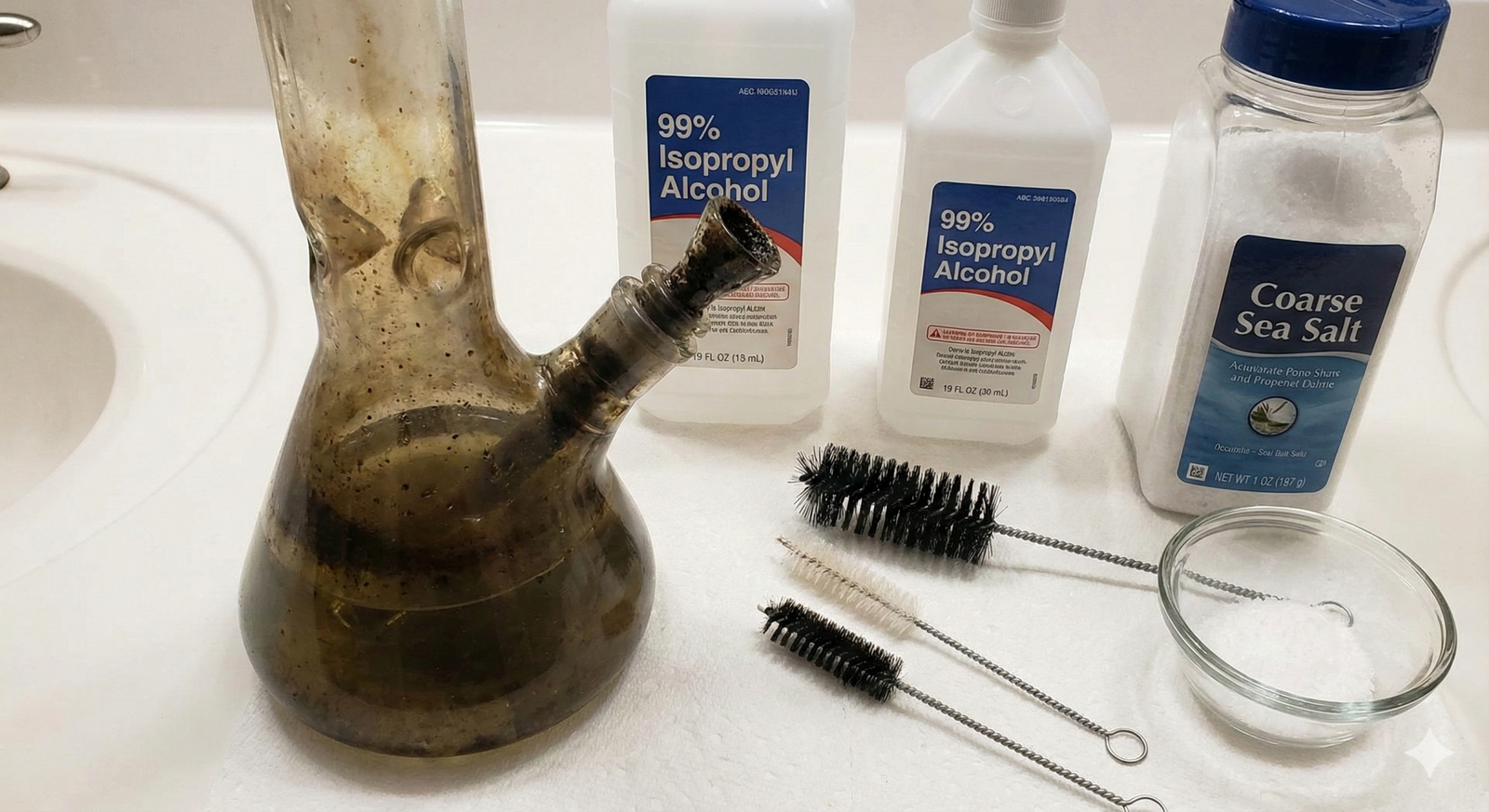 bong cleaning supplies, coarse salt 90 proof isopropyl alcohol