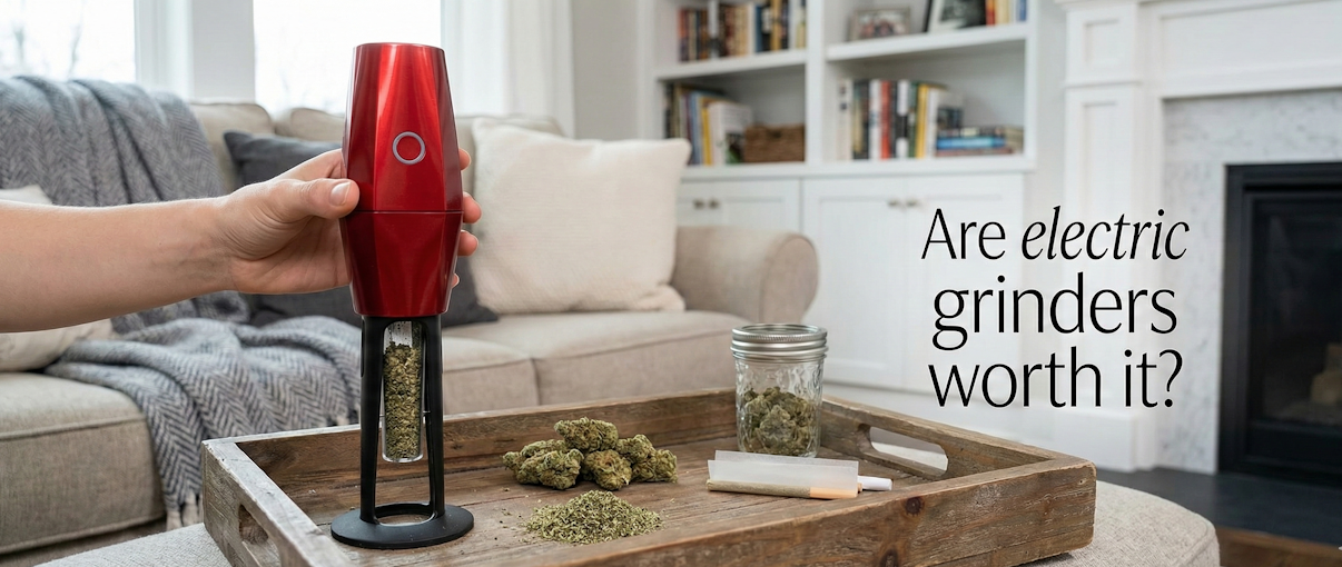 someone using an electric grinder to prepare cannabis