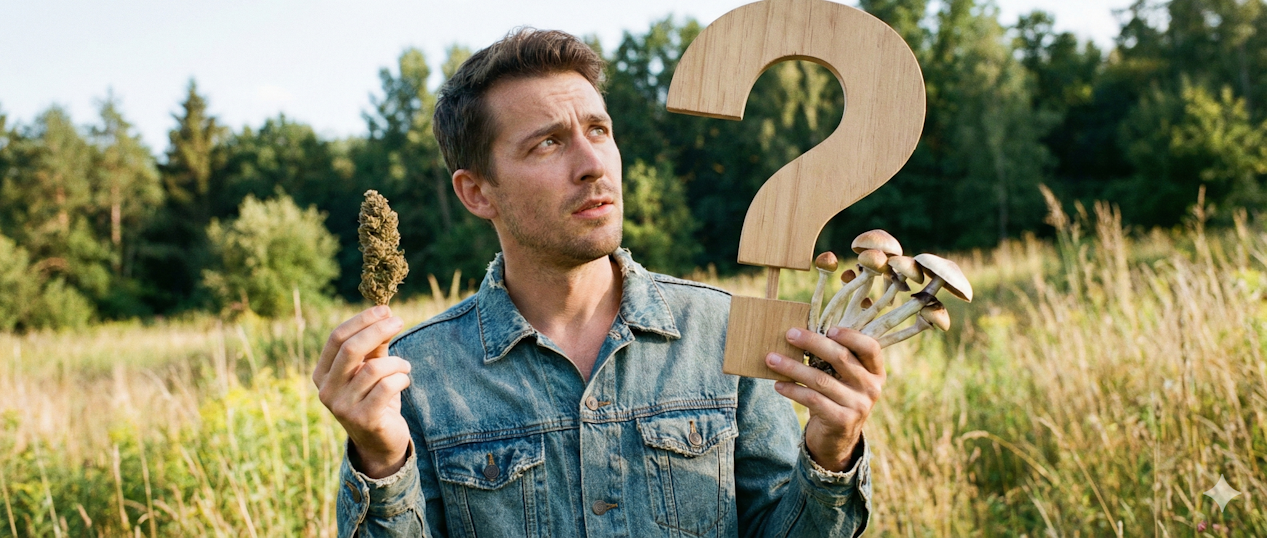 man holding mushrooms and cannabis in each hand wondering what works best for focus