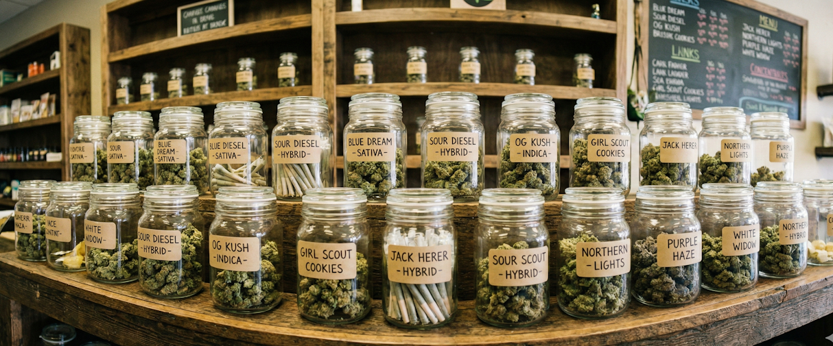 recreational dispensary shelf with many various strains