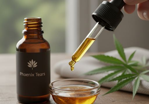 phoenix tears thc oil in a bottle on a table