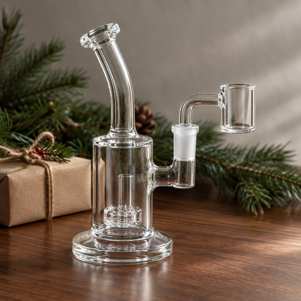 Clear glass dab rig beside a wrapped Christmas gift.