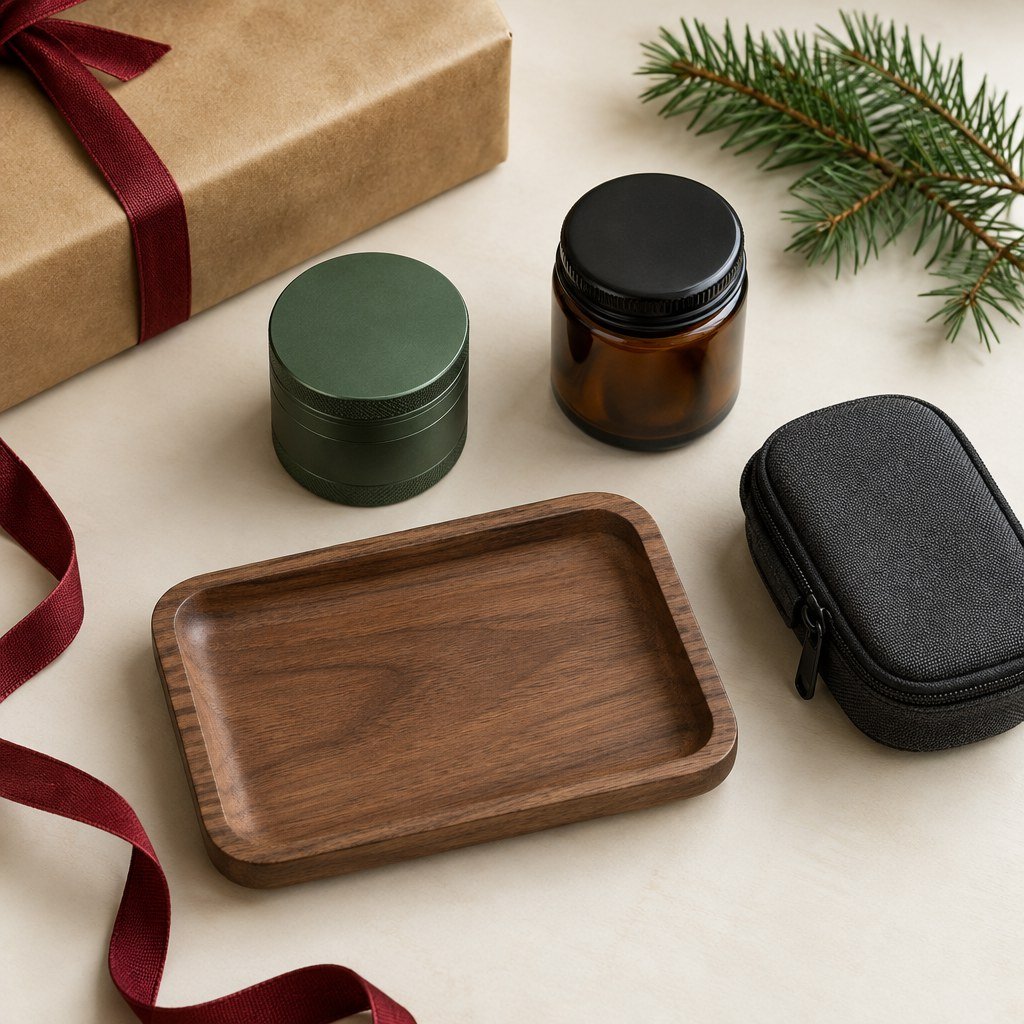 Grinder, storage jar, tray and padded pouch arranged as a holiday gift kit.